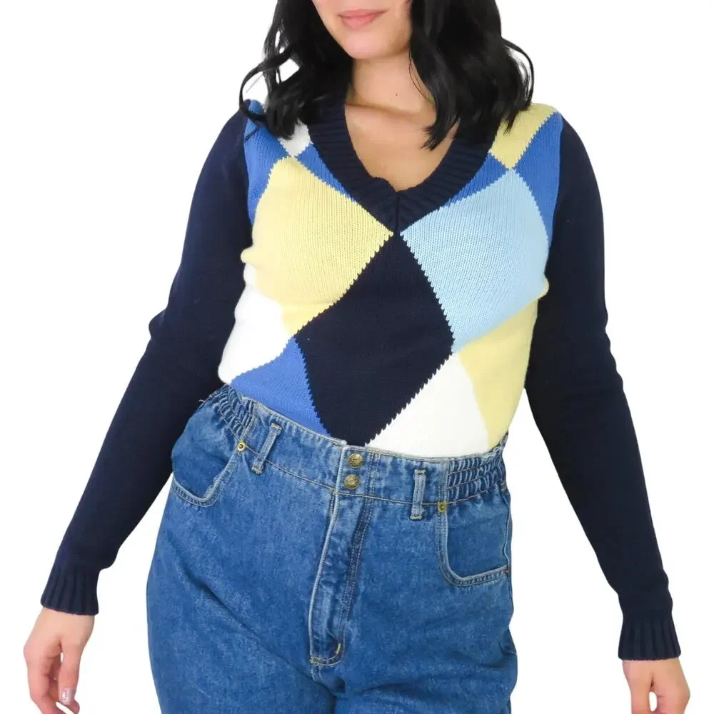 90s Vintage Liz Claiborne Blue & Yellow Argyle Plaid Sweater Large Preppy